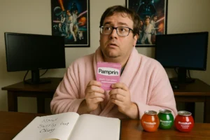 A man in a pink bathrobe holds a Pamprin box with a confused yet enlightened expression, sitting at a desk with BuzzBallz, dual monitors, and an open journal that reads “Mood: Swirly but Okay,” with Star Wars posters behind him.