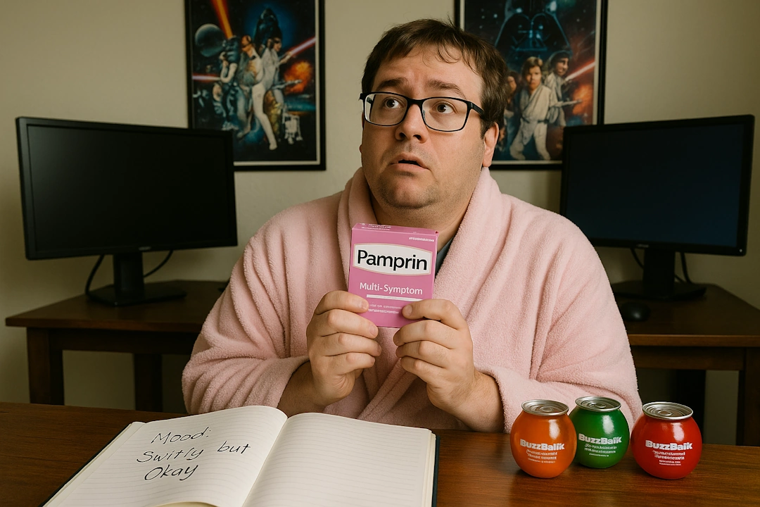 A man in a pink bathrobe holds a Pamprin box with a confused yet enlightened expression, sitting at a desk with BuzzBallz, dual monitors, and an open journal that reads &ldquo;Mood: Swirly but Okay,&rdquo; with Star Wars posters behind him.