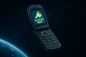 A flip phone drifting in zero gravity with the AOL mail icon glowing on its screen