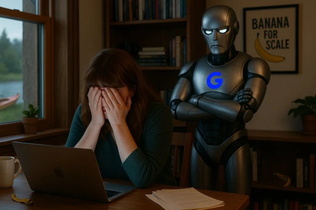 Crying female writer at laptop while Google robot stands behind her with arms crossed, disapproving her fictional story for lacking SEO elements.