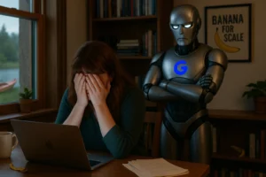 Crying female writer at laptop while Google robot stands behind her with arms crossed, disapproving her fictional story for lacking SEO elements.
