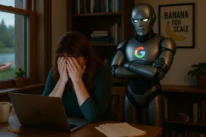 Crying female writer at laptop while Google robot stands behind her with arms crossed, disapproving her fictional story for lacking SEO elements.