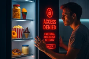 A frustrated man stands in front of a glowing high-tech smart fridge displaying a red warning message that reads “ACCESS DENIED: EMOTIONAL NEGLIGENCE DETECTED,” while shelves inside the fridge show junk food like popcorn, donuts, and pudding.