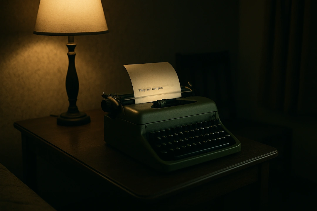Vintage olive-green typewriter on a wooden desk in a dim motel room, with the phrase “They are not gon” typed on a glowing sheet of paper.