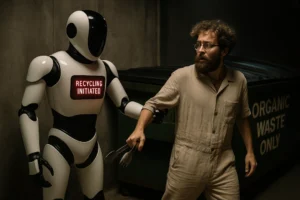 A humanoid robot with a glowing “RECYCLING INITIATED” display drags a confused man holding salad tongs toward a green dumpster labeled “ORGANIC WASTE ONLY.”