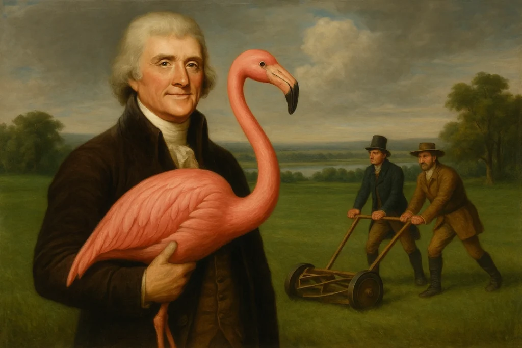 Thomas Jefferson holding a large pink lawn flamingo with a proud smile while Lewis and Clark push an old-fashioned wooden lawn mower in the background on a vast green lawn.