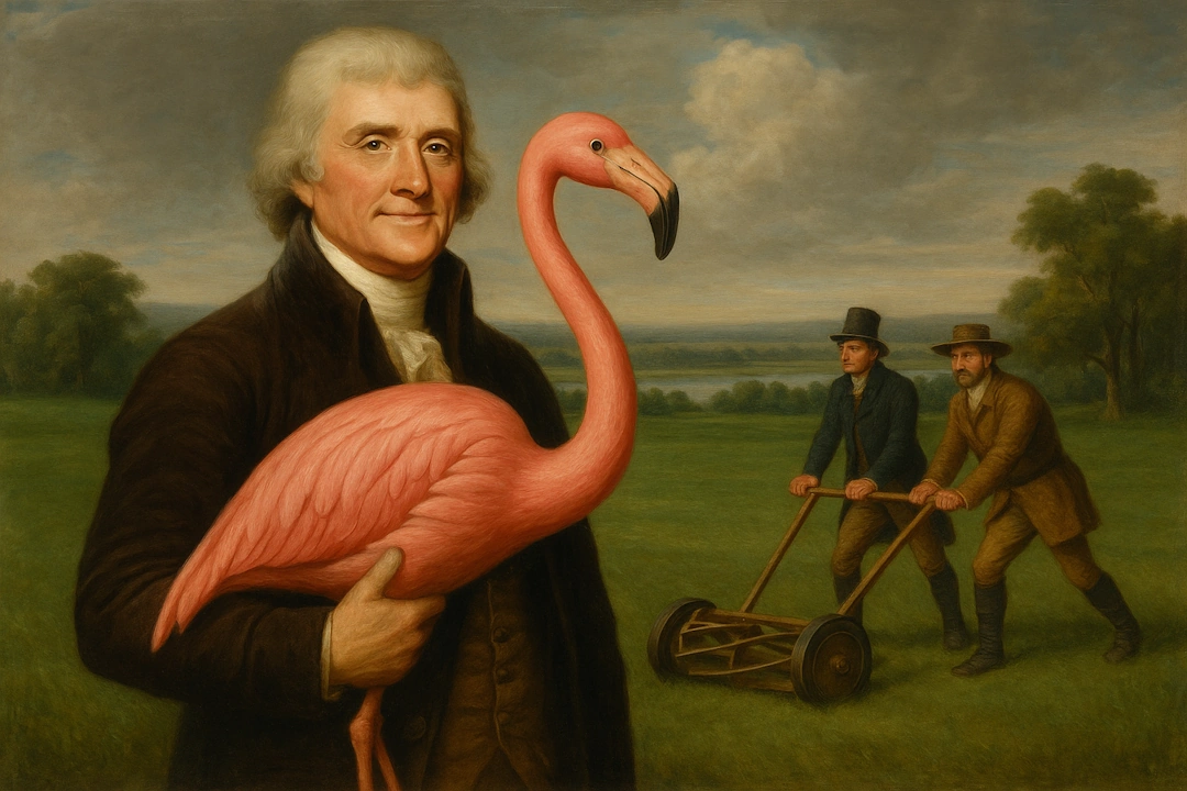 Thomas Jefferson holding a large pink lawn flamingo with a proud smile while Lewis and Clark push an old-fashioned wooden lawn mower in the background on a vast green lawn.