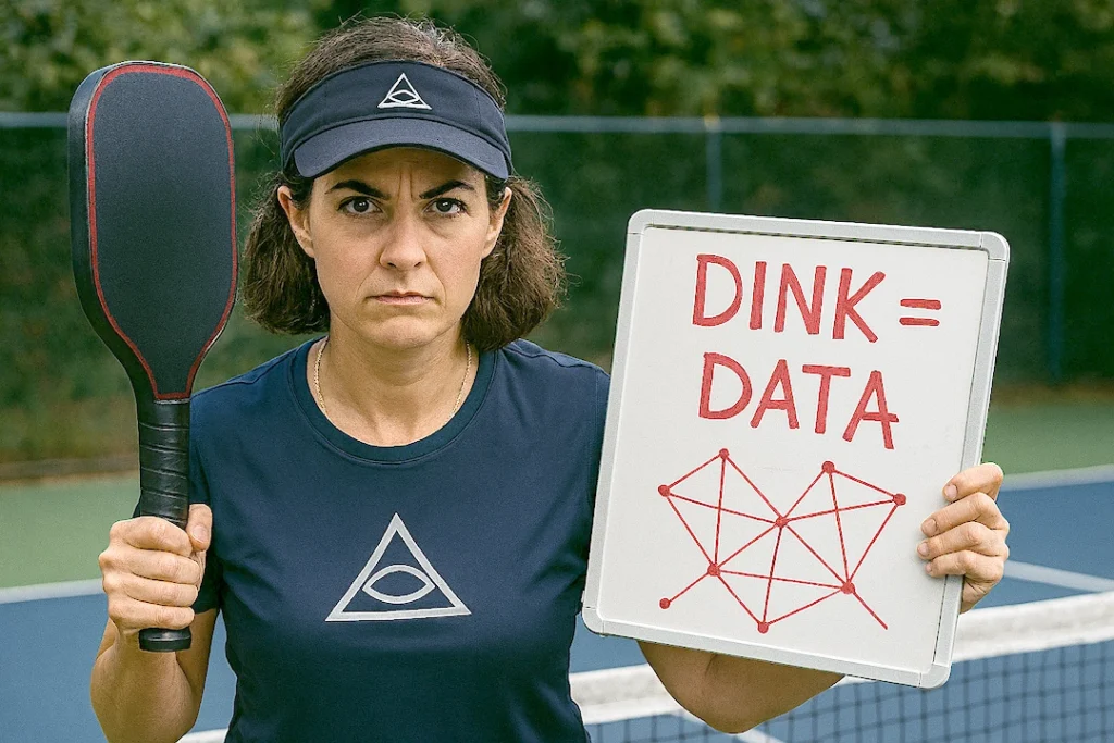 Veronica Conspiranza in a pickleball uniform and visor stands on a pickleball court, holding a paddle like a weapon and pointing to a whiteboard that reads “DINK = DATA.”