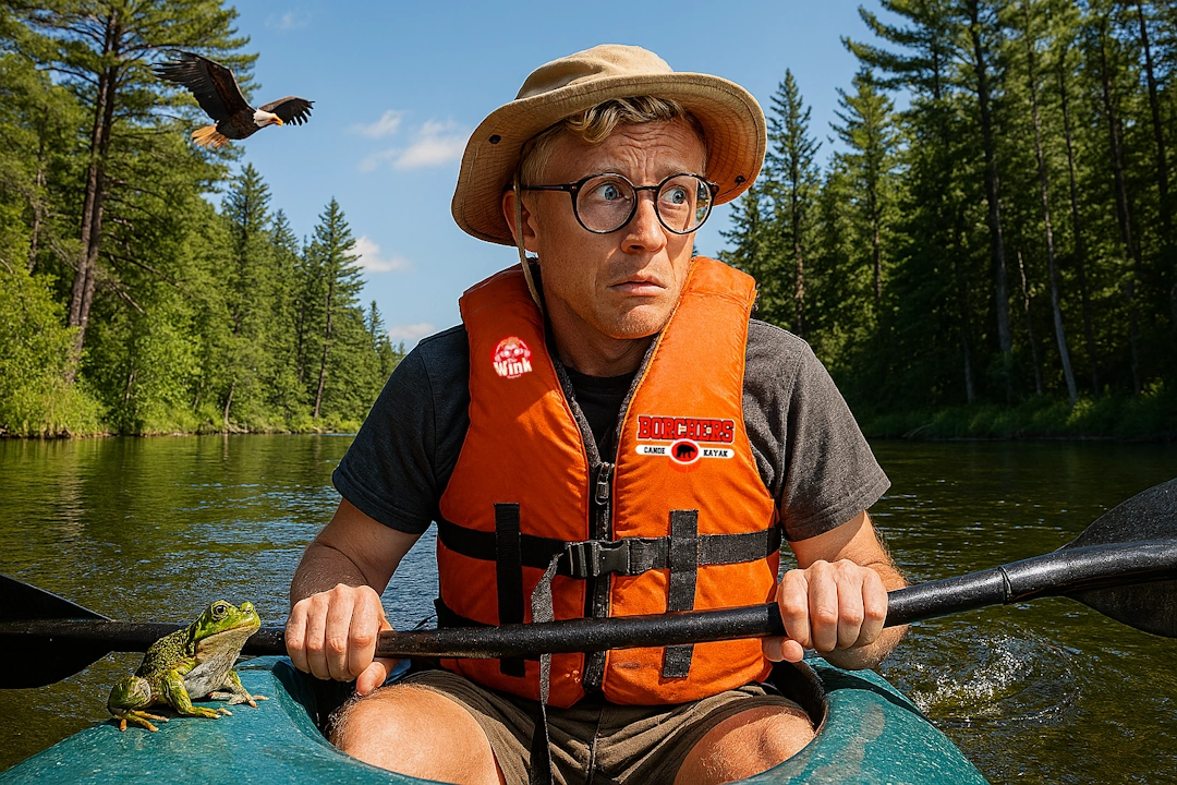 Walter Winkwink, wearing a safari hat and life vest, drifts sideways in a teal kayak on the Au Sable River in Grayling, Michigan, with a frog perched on the bow staring at him. Majestic pine trees line the shore and a bald eagle winks overhead.