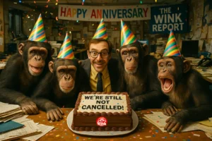 Four primate journalists in rainbow-striped party hats celebrate The Wink Report’s one-year anniversary in a chaotic newsroom, gathered around a chocolate cake reading “WE’RE STILL NOT CANCELLED!”, while a smiling man photobombs in the center, later identified as Greg from Accounting.