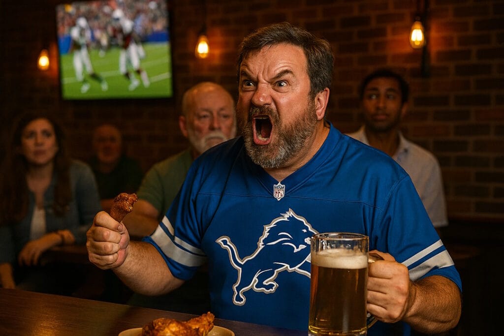 Man in a Detroit Lions jersey shouts furiously at a football game on TV in a dimly lit sports bar, holding a chicken wing in one hand and a mug of beer in the other, while other bar patrons look on in amusement or concern.