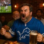 Man in a Detroit Lions jersey shouts furiously at a football game on TV in a dimly lit sports bar, holding a chicken wing in one hand and a mug of beer in the other, while other bar patrons look on in amusement or concern.