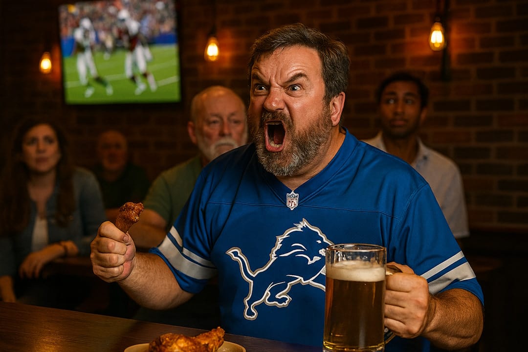 Man in a Detroit Lions jersey shouts furiously at a football game on TV in a dimly lit sports bar, holding a chicken wing in one hand and a mug of beer in the other, while other bar patrons look on in amusement or concern.
