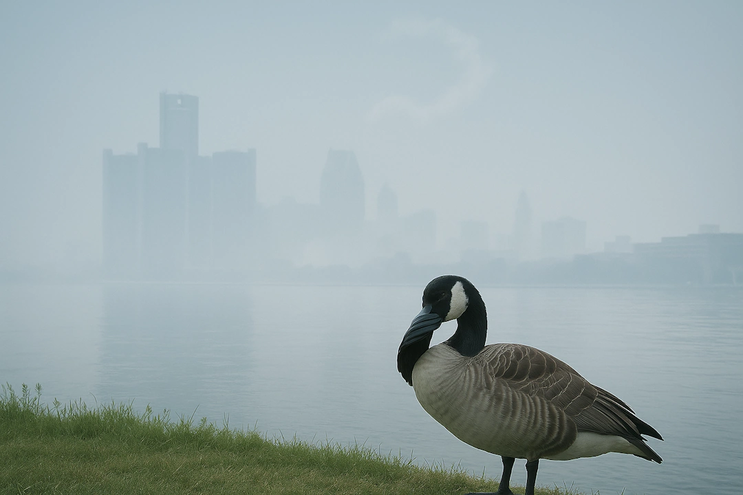 Detroit skyline under a thick haze, with a single duck on the shore covering its beak with its wing.
