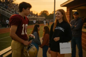 A shy high school football player holding flowers looks nervously at a smiling volleyball player with a Sephora bag, while her suspicious dad glares from the concession stand at sunset.