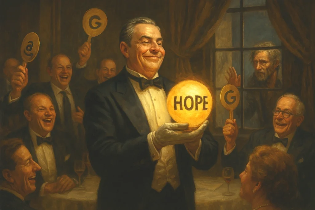 A smug billionaire in a tuxedo holds a glowing orb labeled "HOPE" at an extravagant auction, surrounded by laughing elites holding paddles with tech logos, while a poor man peers in longingly through a window.