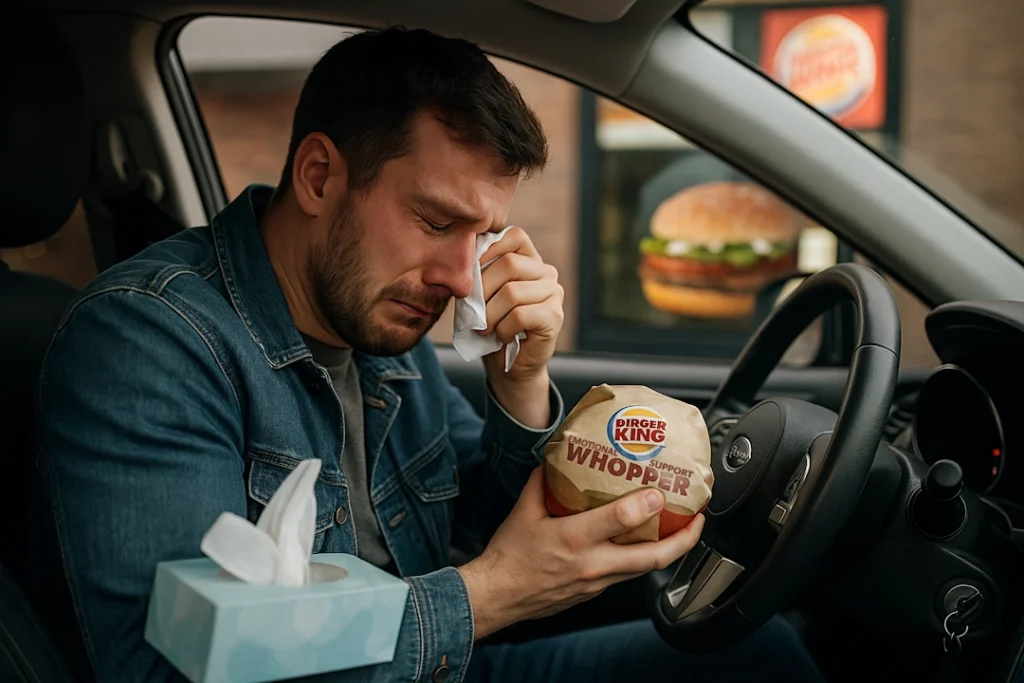 A man in a car at a Burger King drive-thru wipes away tears while holding a Whopper, with a tissue box on the dashboard and a faint burger reflection in the window.