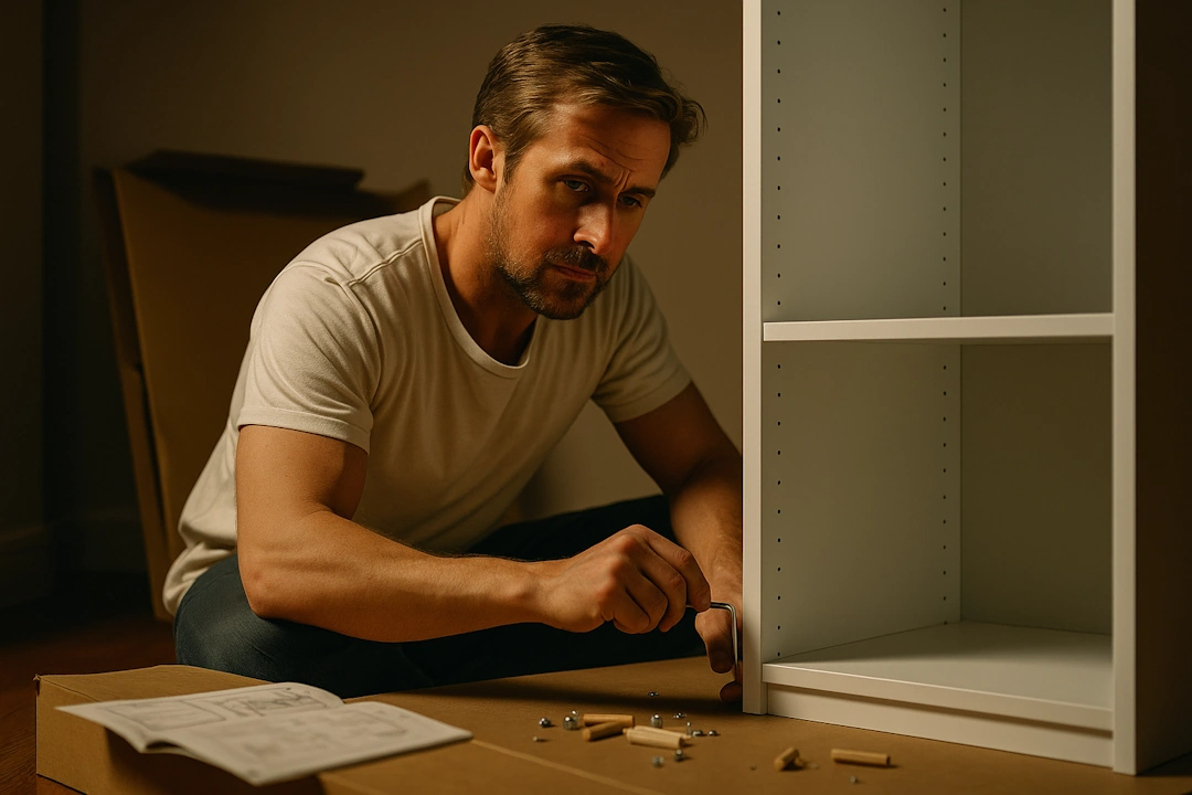 Ryan Gosling sits on a wooden floor, focused on assembling a white IKEA-style bookshelf with an Allen wrench under warm cinematic lighting.