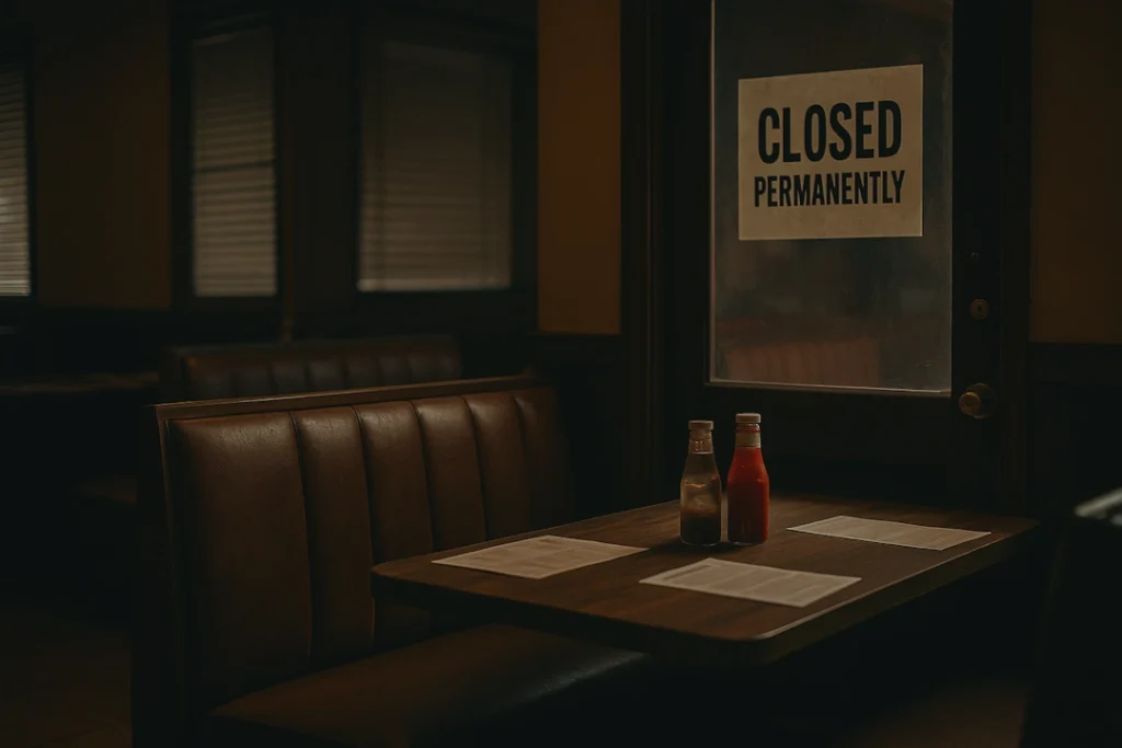Empty restaurant booth with a “Closed” sign in the background