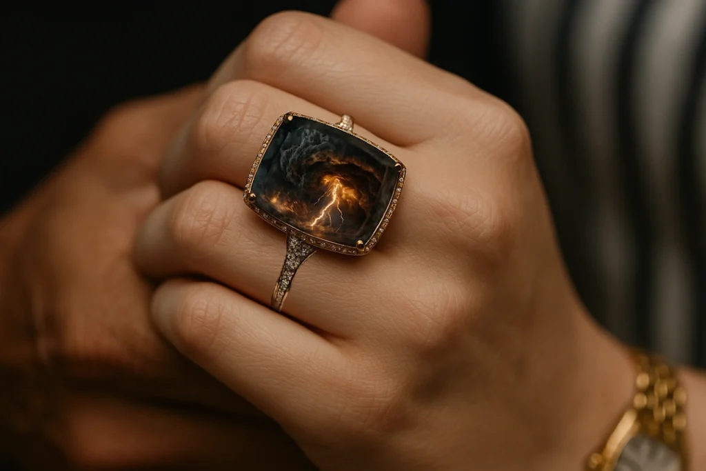 Close-up of Taylor Swift’s engagement ring from Travis Kelce, its gemstone glowing with swirling storm clouds and lightning, suggesting mythical weather-controlling powers.