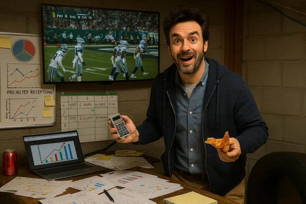 Chester ‘Box Score’ McStats in his cluttered garage, surrounded by charts and pizza, watching the Eagles vs Cowboys game during a lightning delay.