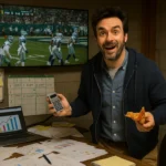 Chester &lsquo;Box Score&rsquo; McStats in his cluttered garage, surrounded by charts and pizza, watching the Eagles vs Cowboys game during a lightning delay.