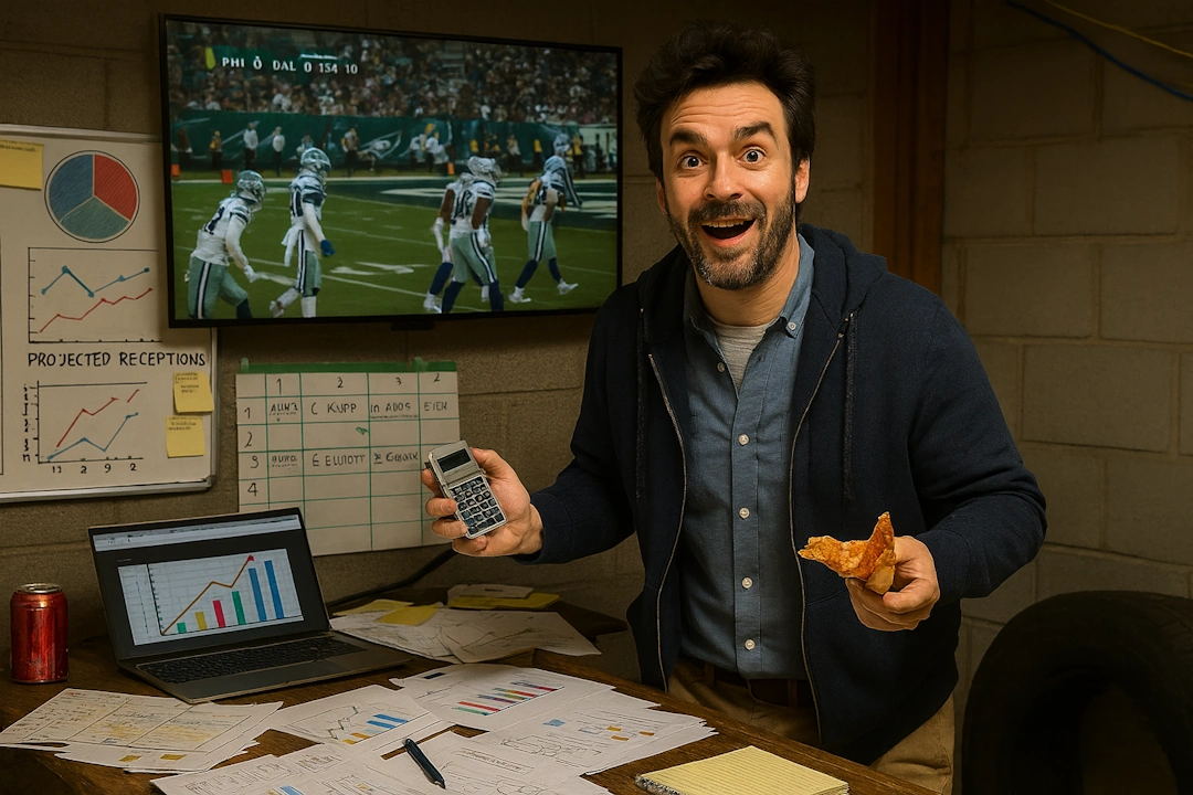 Chester &lsquo;Box Score&rsquo; McStats in his cluttered garage, surrounded by charts and pizza, watching the Eagles vs Cowboys game during a lightning delay.