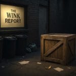 A dimly lit alleyway behind The Wink Report building shows a wooden shipping crate beside trash bins, scattered papers, and a banana peel under a glowing office window.