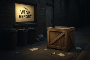 A dimly lit alleyway behind The Wink Report building shows a wooden shipping crate beside trash bins, scattered papers, and a banana peel under a glowing office window.
