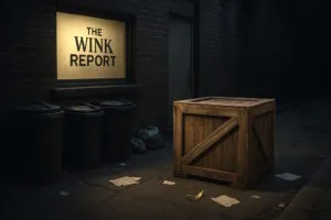 A dimly lit alleyway behind The Wink Report building shows a wooden shipping crate beside trash bins, scattered papers, and a banana peel under a glowing office window.