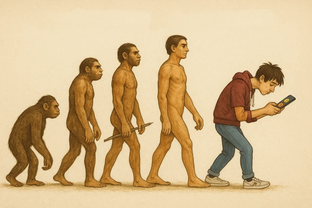 Evolution of Man chart ending with a Gen Z figure hunched over, texting emojis on a smartphone.