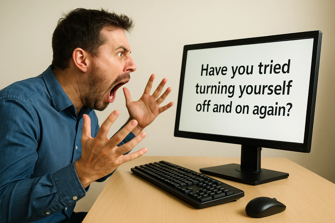 A frustrated man yelling at a computer screen that displays the message, &ldquo;Have you tried turning yourself off and on again?&rdquo;