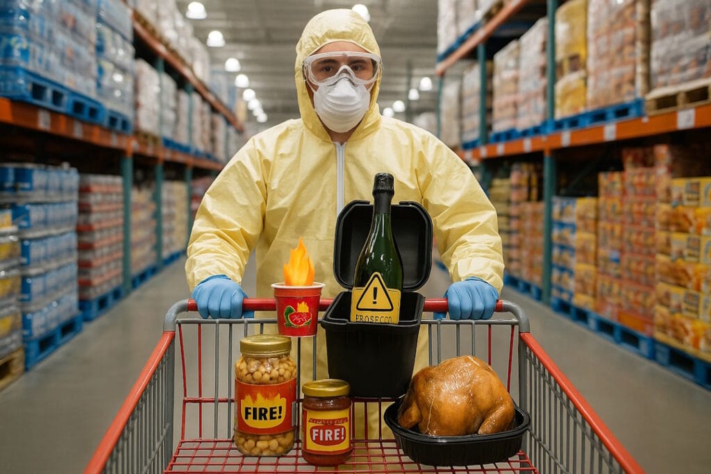 Shopper in hazmat suit pushes a Costco cart containing dangerous grocery items, including an exploding Prosecco bottle, fiery yogurt, and suspiciously labeled jars.