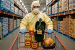 Shopper in hazmat suit pushes a Costco cart containing dangerous grocery items, including an exploding Prosecco bottle, fiery yogurt, and suspiciously labeled jars.