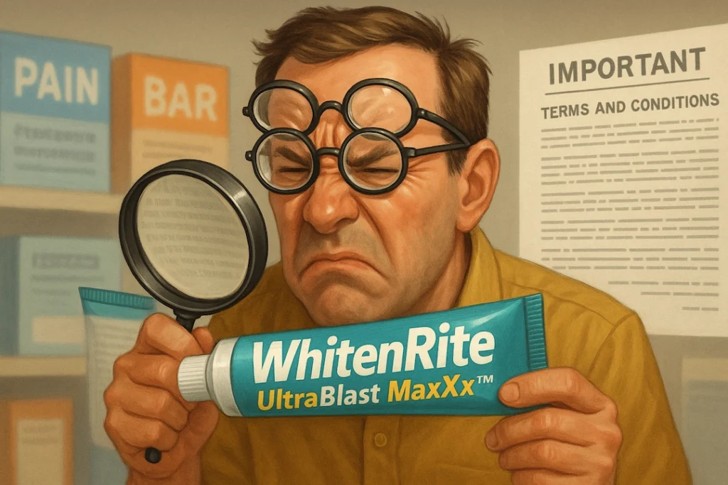 A frustrated man squints through stacked magnifying glasses at the fine print on a toothpaste tube labeled "WhitenRite UltraBlast MaxXx™", surrounded by blurry product boxes and legal disclaimers.