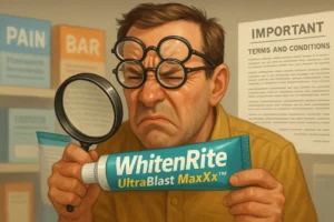 A frustrated man squints through stacked magnifying glasses at the fine print on a toothpaste tube labeled "WhitenRite UltraBlast MaxXx™", surrounded by blurry product boxes and legal disclaimers.