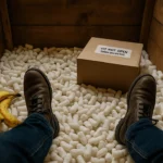 Interior of a wooden shipping crate with packing peanuts, bananas, and a mysterious small box marked with "Do Not Open", as seen from Walter's perspective.