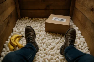 Interior of a wooden shipping crate with packing peanuts, bananas, and a mysterious small box marked with "Do Not Open", as seen from Walter's perspective.