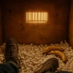 Interior of a wooden shipping crate with Walter Winkwink&rsquo;s feet visible, glowing barcode on the wall, packing peanuts scattered, and overripe bananas in the corner.