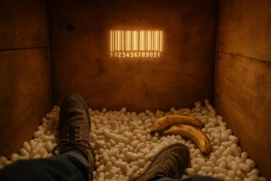 Interior of a wooden shipping crate with Walter Winkwink’s feet visible, glowing barcode on the wall, packing peanuts scattered, and overripe bananas in the corner.