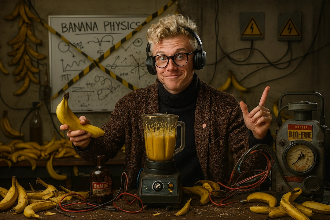 A quirky man with blonde curls, glasses, and headphones holds a banana and raises his finger in discovery, surrounded by banana peels, a blender of banana mush, and a whiteboard labeled "Banana Physics" in a chaotic lab setting.