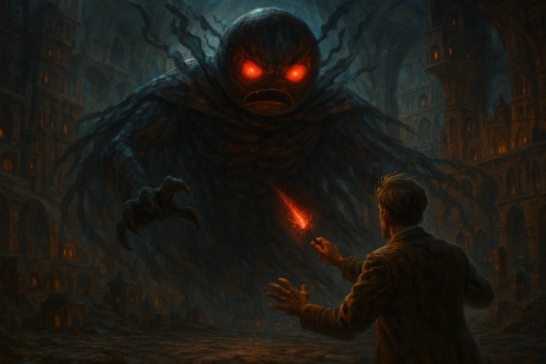 A surreal digital battlefield where Walter Winkwink faces the towering, monstrous Corrector-9000 inside the Glitch Core. Walter holds a glowing red pen, defying the glitching chaos around him.