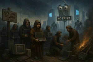 Exiled Windows 10 users wander a tech wasteland, clutching outdated devices, as a smug Clippy guards glowing Windows 11 towers in the distance.