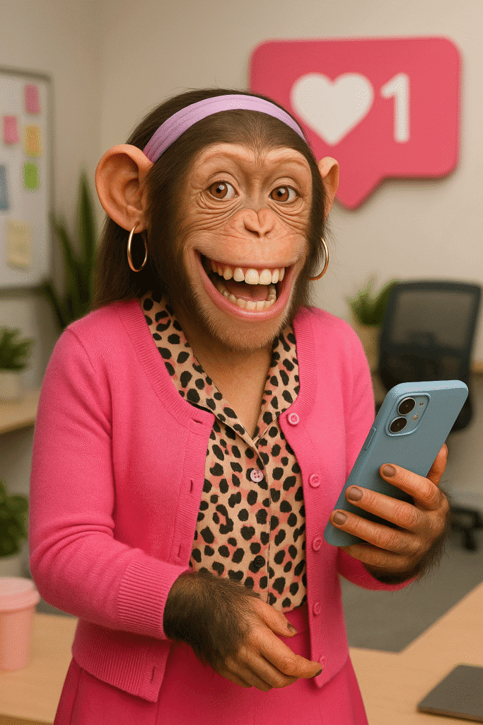 A cheerful chimpanzee wearing a pink cardigan, leopard-print blouse, and hoop earrings smiles brightly while holding a smartphone in a trendy office setting with a heart-shaped social media notification icon in the background.