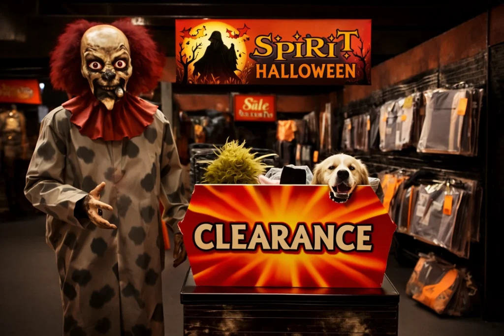 Animatronic zombie clown standing beside a clearance bin of bizarre Halloween costumes inside a dimly lit Spirit Halloween store.
