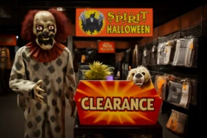 Animatronic zombie clown standing beside a clearance bin of bizarre Halloween costumes inside a dimly lit Spirit Halloween store.