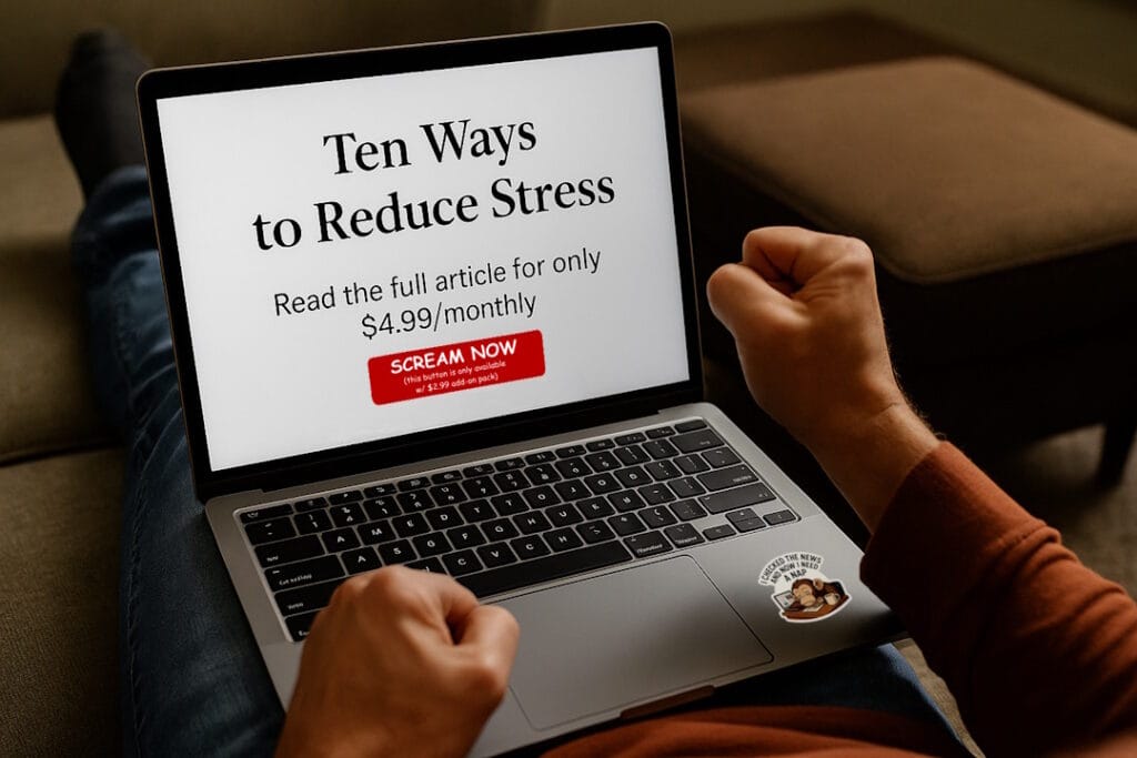 A man sitting on a couch with a laptop on his lap, clenching his fists in frustration as he sees a paywall pop-up on an article titled “Ten Ways to Reduce Stress,” which demands $4.99 monthly and includes a “Scream Now” button for an extra $2.99 add-on.
