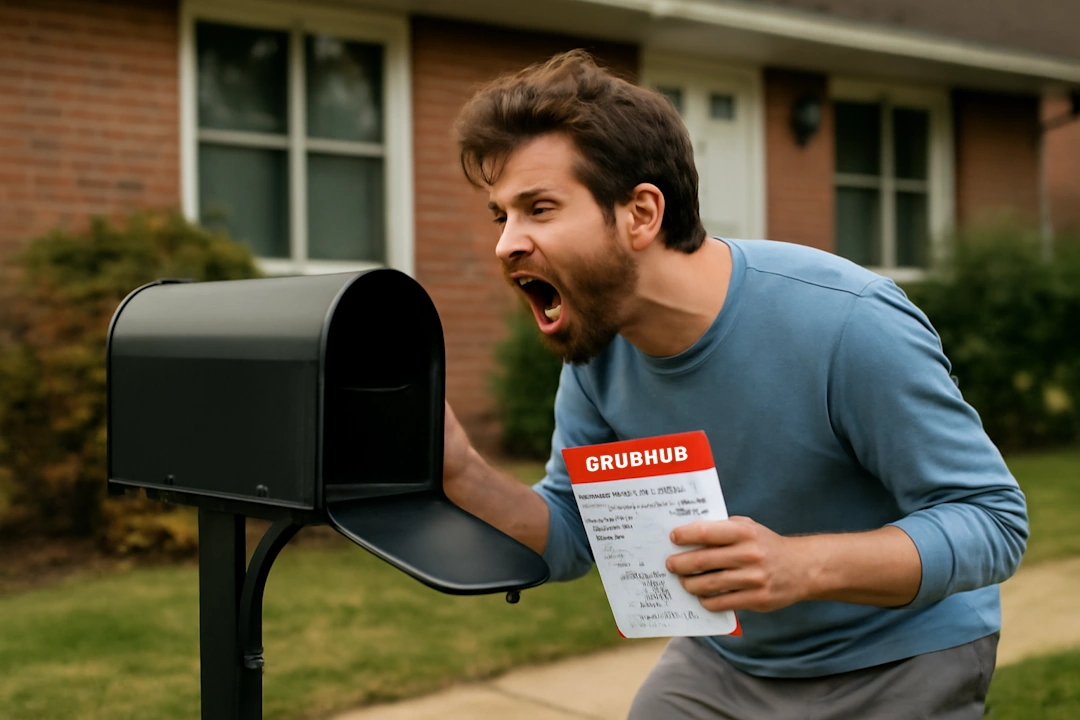 A man in his early 30s yells into a black mailbox while holding a food delivery flyer, standing on the walkway of a suburban home.