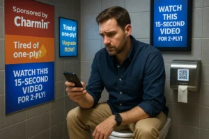 A frustrated man sitting on a toilet in a modern public restroom, holding a smartphone that reads “LOADING YOUR WIPE ALLOCATION…” while glowing digital ads on the stall walls promote “Sponsored by Charmin” and “Watch this 15-second video for 2-ply.”