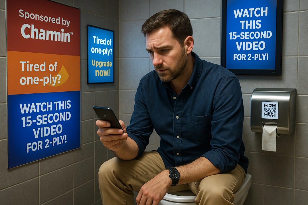 A frustrated man sitting on a toilet in a modern public restroom, holding a smartphone that reads “LOADING YOUR WIPE ALLOCATION…” while glowing digital ads on the stall walls promote “Sponsored by Charmin” and “Watch this 15-second video for 2-ply.”